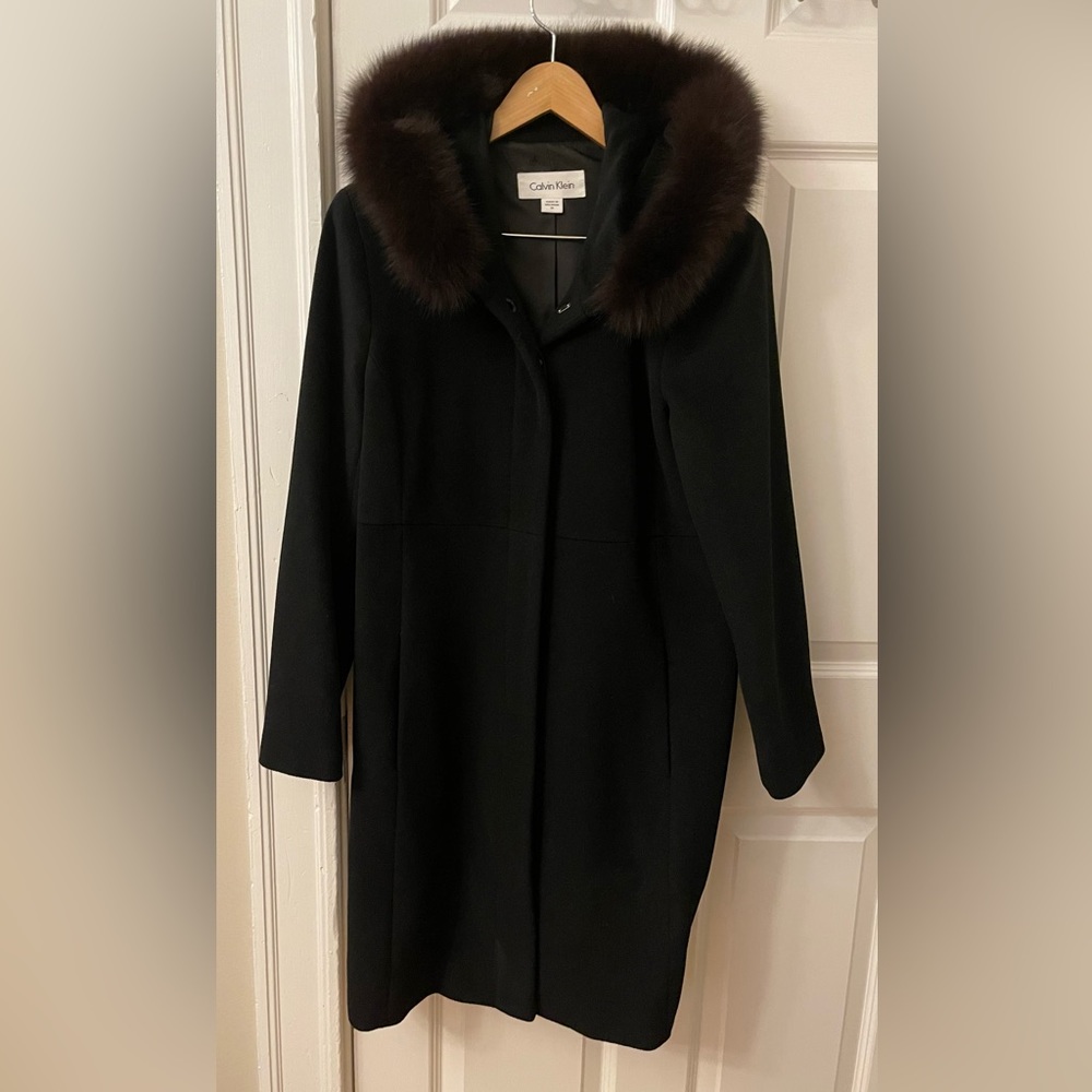 Calvin Klein Black Wool Coat with Brown Fur Trim Hood